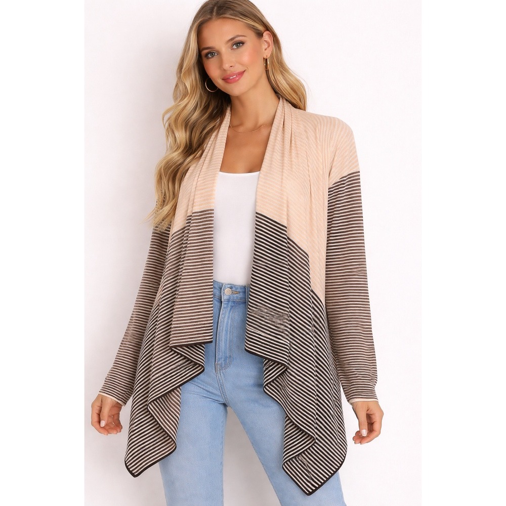 St. John Cardigan Women Small Striped Colorblock Waterfall Open Front‎ Peach P
